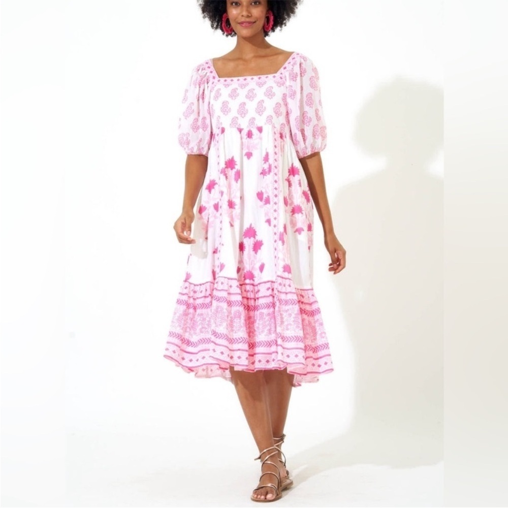 Tuckernuck Oliphant Puff Sleeve Midi Dress in Jaipur Pink & White NWT Size XS - Picture 5 of 14